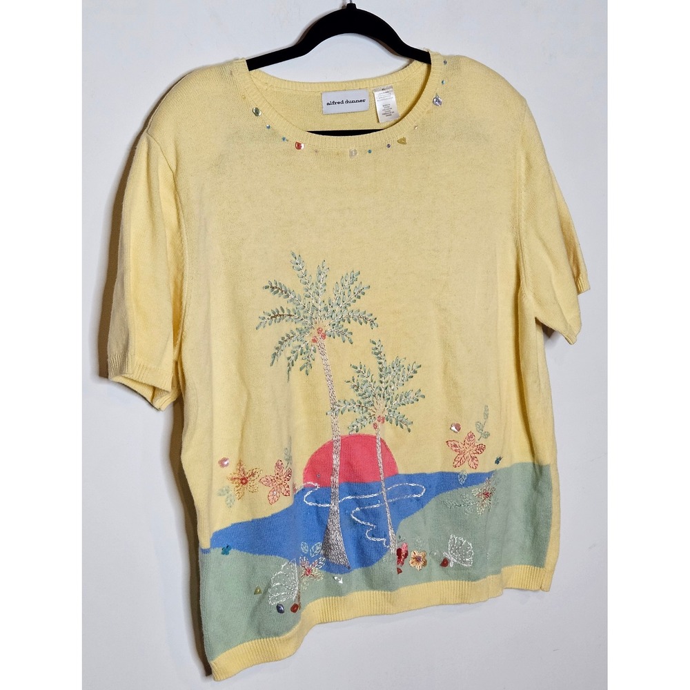 Alfred Dunner Vintage Embellished Palm Tree Beach Pastel Yellow Knit Top XL‎ - Picture 2 of 5